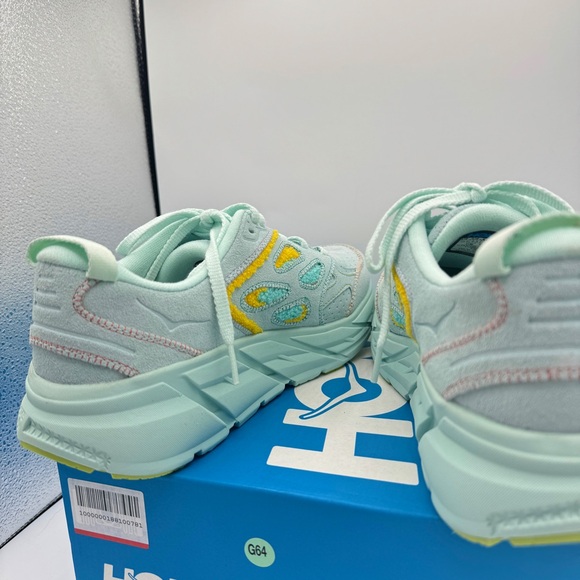 NWT Hoka Clifton Leather Embroidery UNISEX Shoes blue glass radiant yellow NEW - Picture 12 of 16